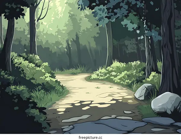 Forest Path Illustration, Green Trees, Winding Road, Nature Scene