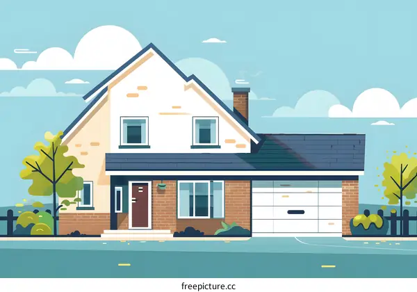 Flat Illustration of a Modern Two Story House with Garage