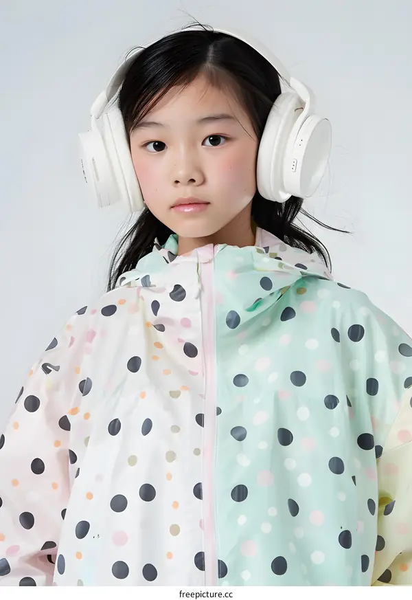 Young Asian Girl Wearing White Headphones and Polka Dot Jacket