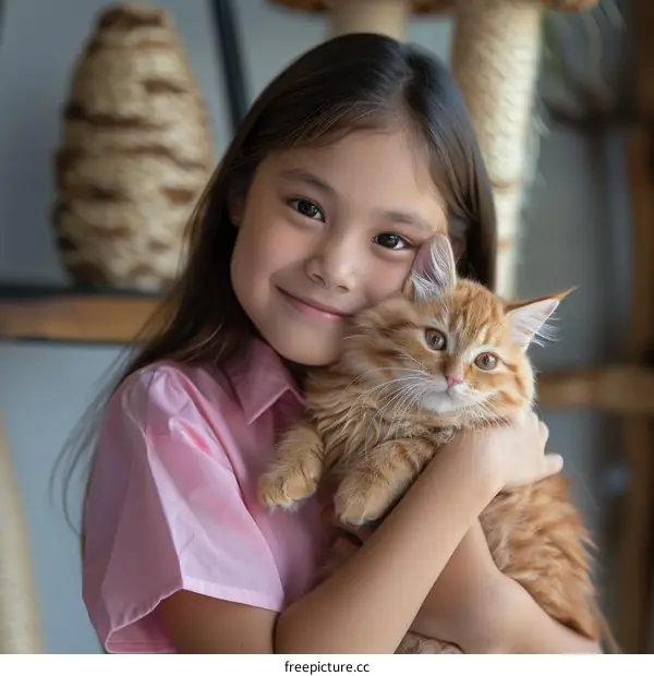 Little girl hugging an orange cat