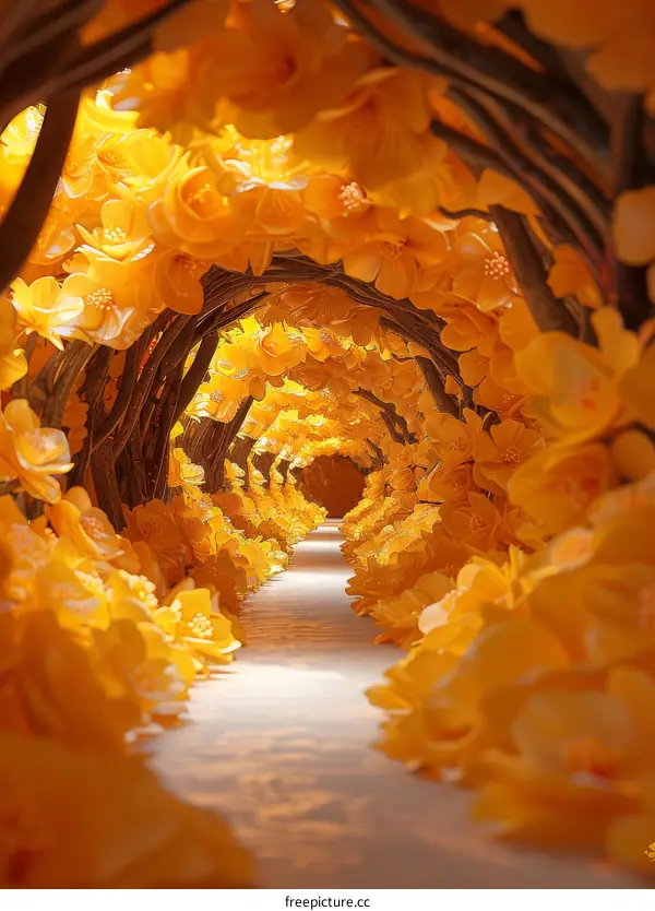 Surreal tunnel made of yellow flowers