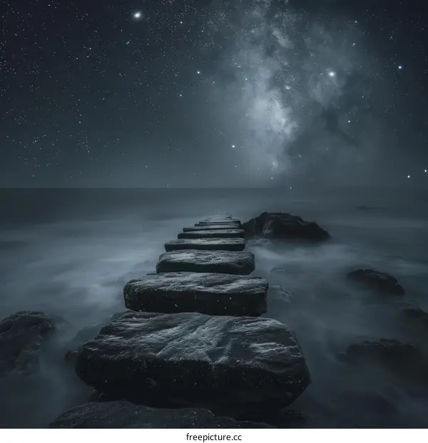 Stone jetty leading out to sea under a starry night sky