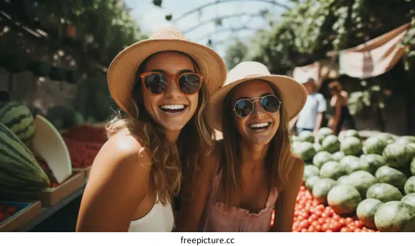 Two happy women wearing hats and sunglasses at a market