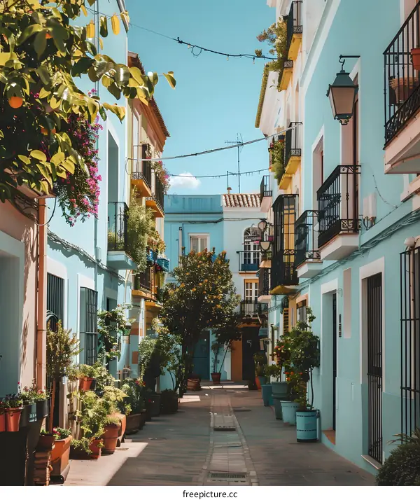 Narrow Alleyway with Blue Buildings and Lush Greenery in Spain