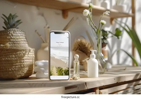 Beach Scene on Phone Screen with Spa Supplies