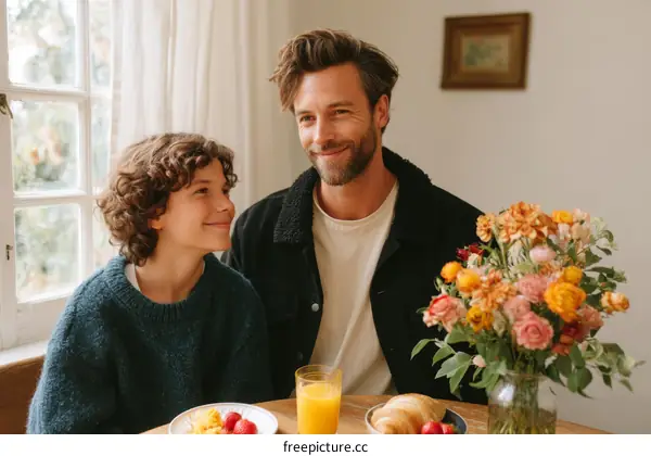 Father and Son Enjoying a Family Breakfast