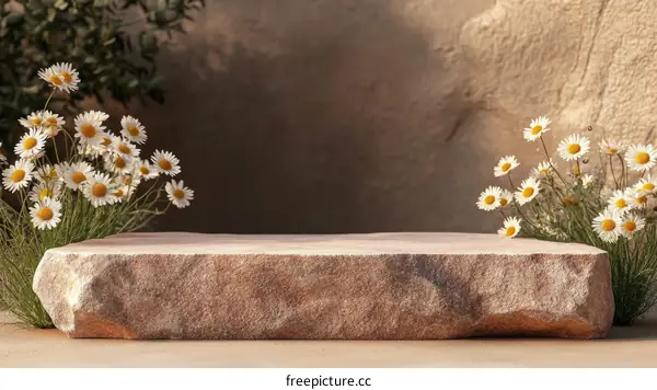 Natural Stone Display Platform with Daisies