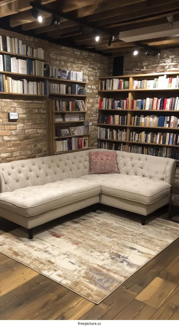 Cozy Reading Nook with Bookshelves and Sectional Sofa