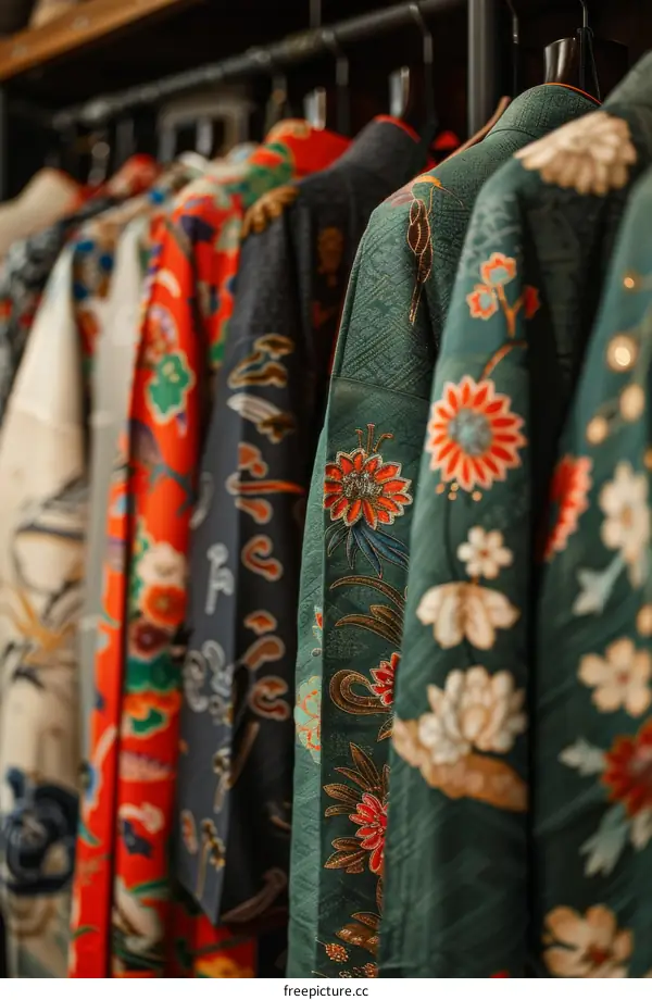 A rack of colorful traditional chinese jackets with floral patterns.