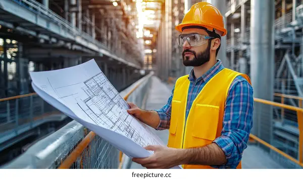 Construction worker reviews blueprints in industrial facility