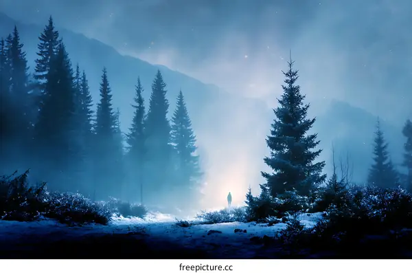 Silhouette of a Person in a Snowy Forest at Night