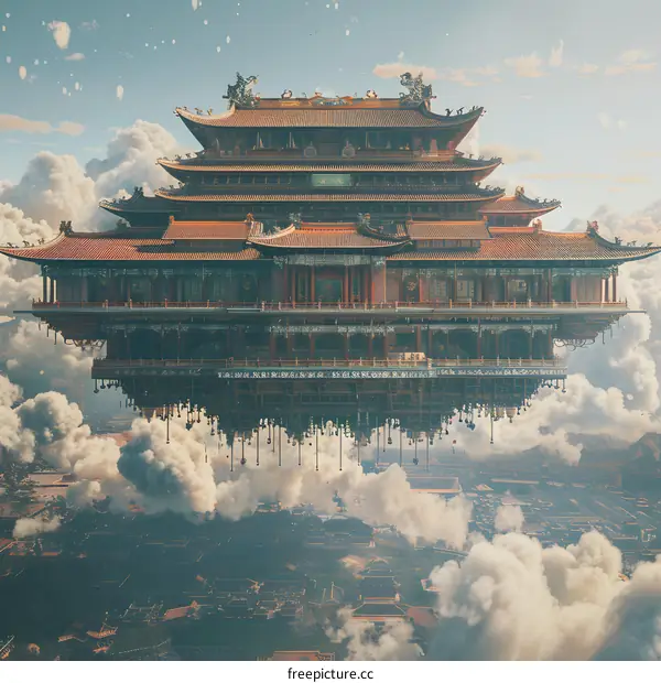 A Chinese palace is floating above the clouds