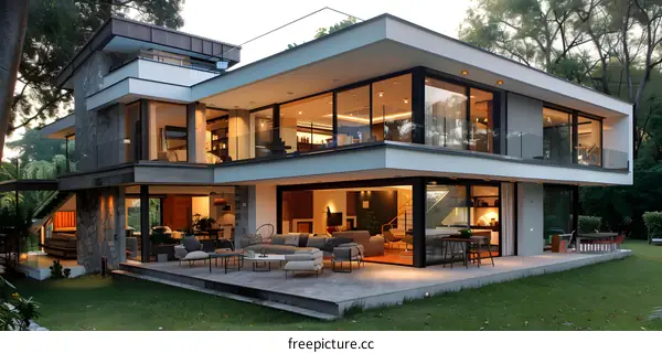 Modern Architecture House with Large Windows and Patio