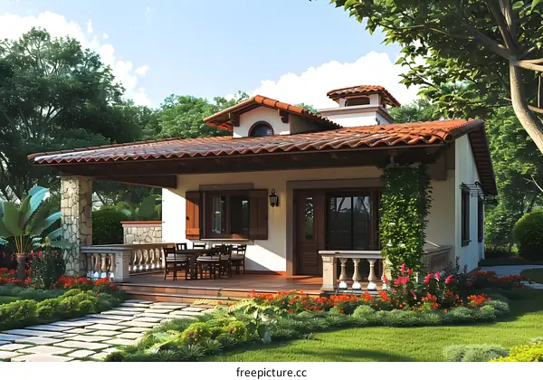 European style house exterior with garden