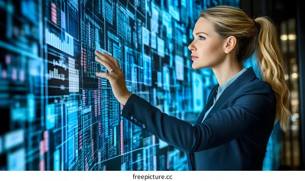 Businesswoman Interacting With Digital Data on a Large Screen