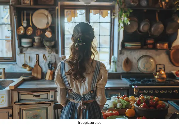 woman in blue dress cooking in the kitchen