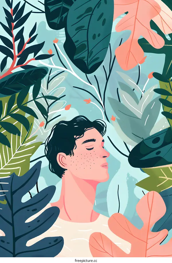 Man Surrounded by Green Leaves Illustration