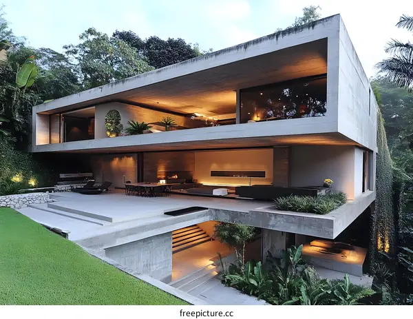 Modern Concrete House Design With Large Windows And Lush Greenery