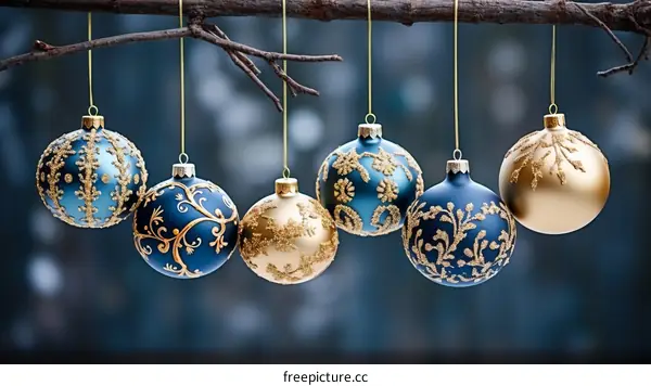 Blue and gold Christmas ornaments hanging from a branch