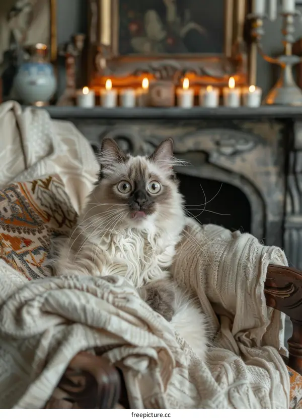 Surprised Cat on Chair by Cozy Fireplace with Fireplace Mantel