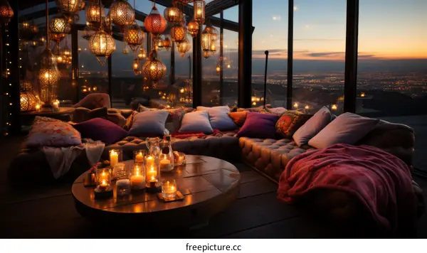 A cozy living room with a view of the city at sunset