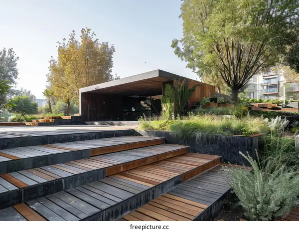 Wooden deck stairs leading to a modern office building with large glass windows