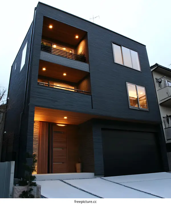 Modern Black Brick House with Wooden Door and Balconies
