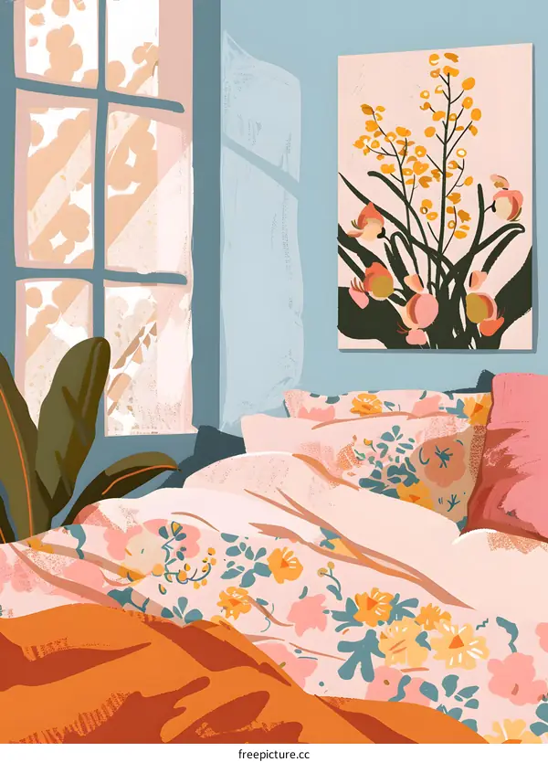 Bedroom Illustration with Floral Bedspread and Window