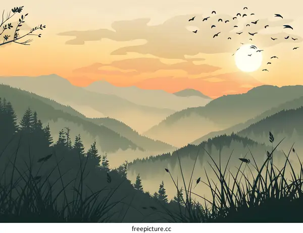 Mountain Silhouette Landscape with Sunset and Flying Birds