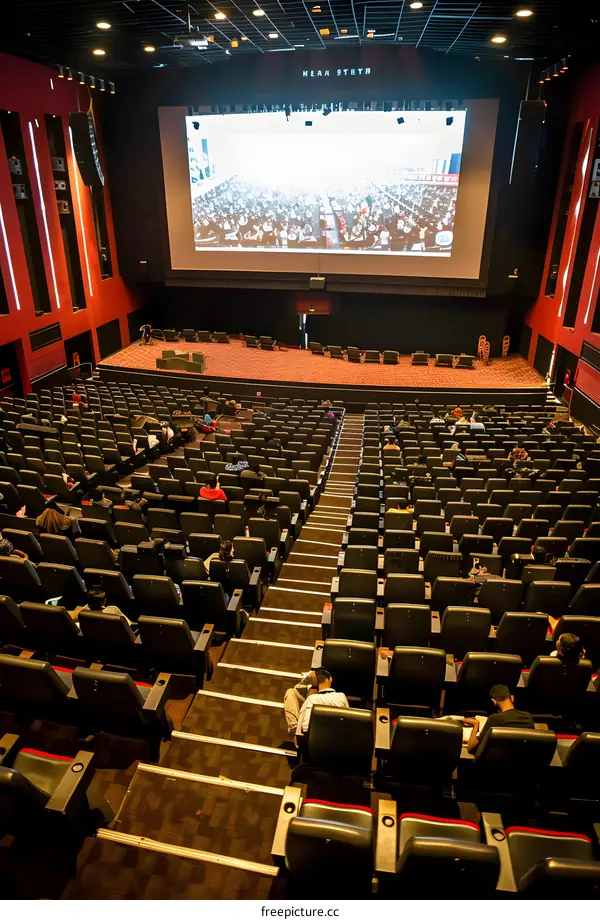 Empty Seats in a Movie Theater, Red Seats and a Large Screen in the Background