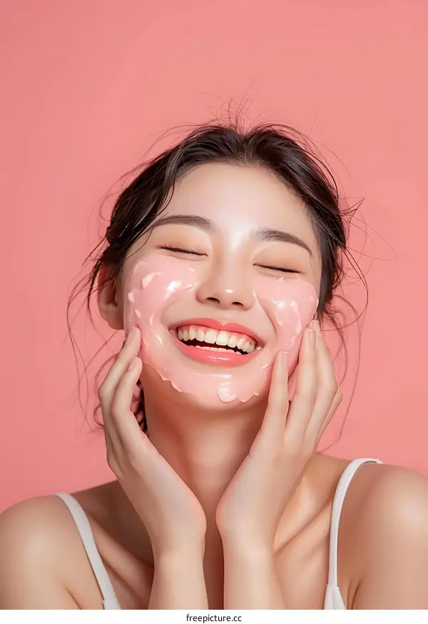Asian Woman Applying Facial Mask in Pink Background