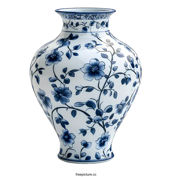 [Transparent Background PNG]Blue and White Porcelain Vase with Floral Pattern