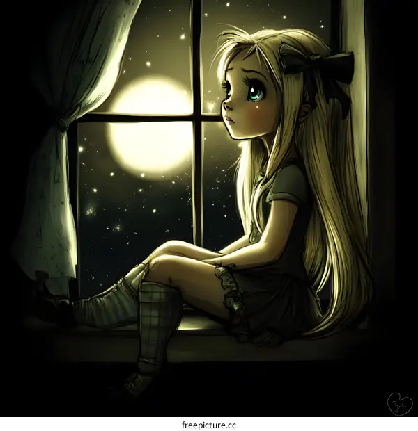 Young Girl Sitting by Window at Night with Moon and Stars