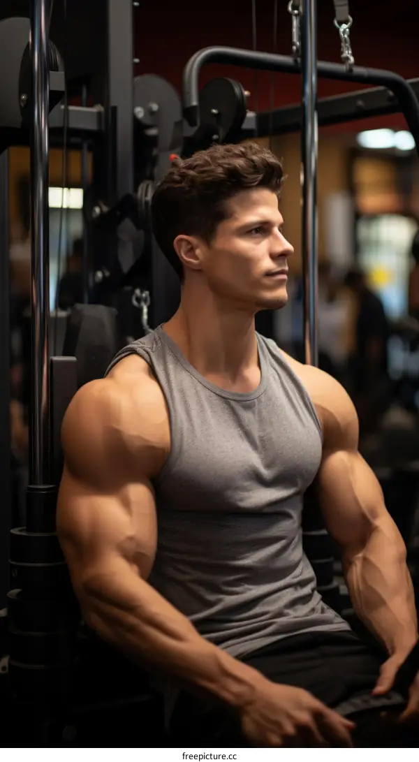 muscular man in a gray tank top sitting in a gym