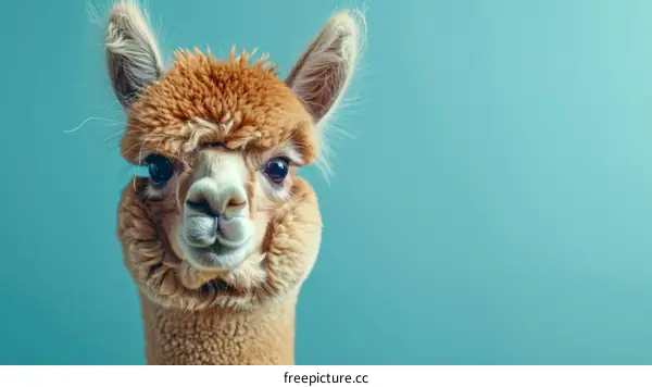 A fluffy brown alpaca with big eyes looking at the camera