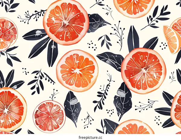 Watercolor Seamless Pattern With Grapefruit Slices and Leaves