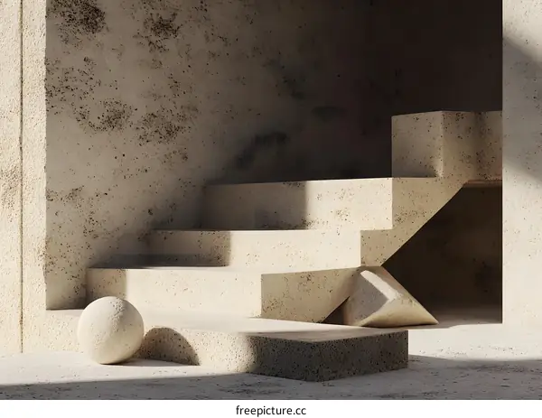 Abstract Minimalist 3D Render Of Beige Concrete Geometric Shapes And Sphere