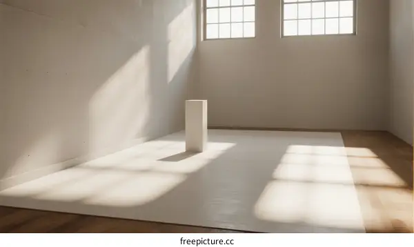 Minimalist white room with a single white column and sunlight