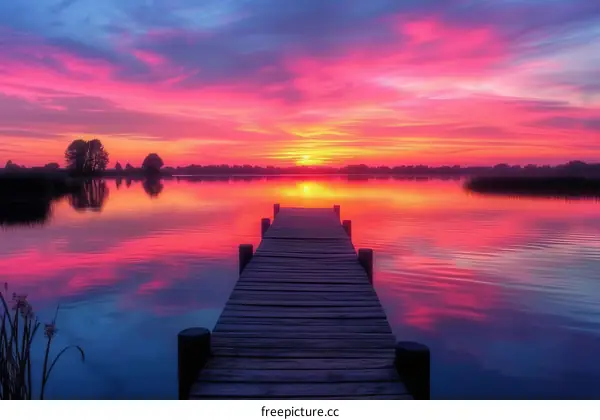 Wooden dock extending out into a lake with a beautiful sunset sky
