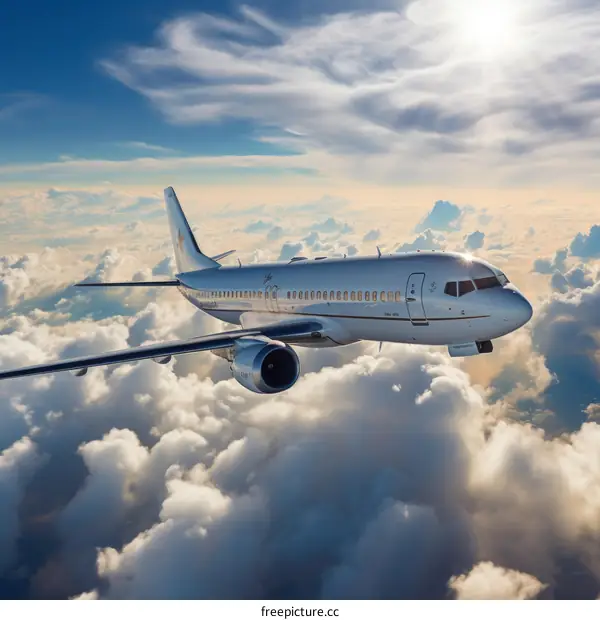 Boeing 737 private jet flying above the clouds
