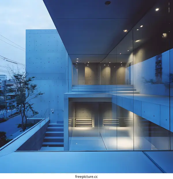 Modern Concrete Building with Glass Walls and Stairs