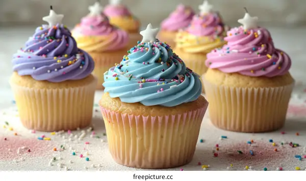 Scrumptious cupcakes with colorful frosting and sprinkles