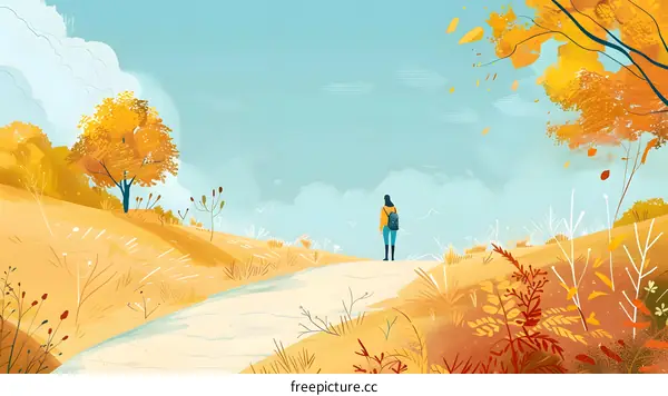 Woman Walking Alone in Autumn Landscape
