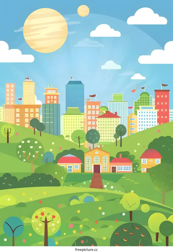 Cartoon Cityscape Illustration With Green Hills And Colorful Buildings