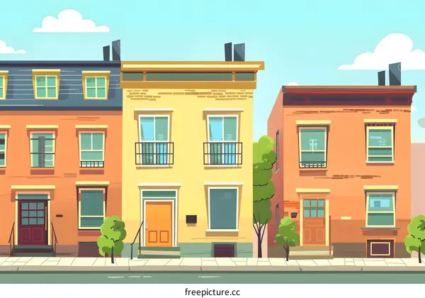 Cartoon Illustration of Row Houses in City