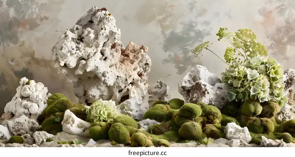 Green Moss and Rocks on a White Background