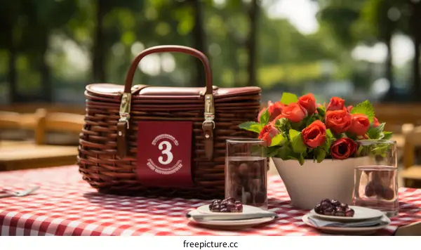 Still life of picnic basket with red roses