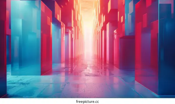 Futuristic Sci-Fi Glowing Blue and Red Crystal Tunnel