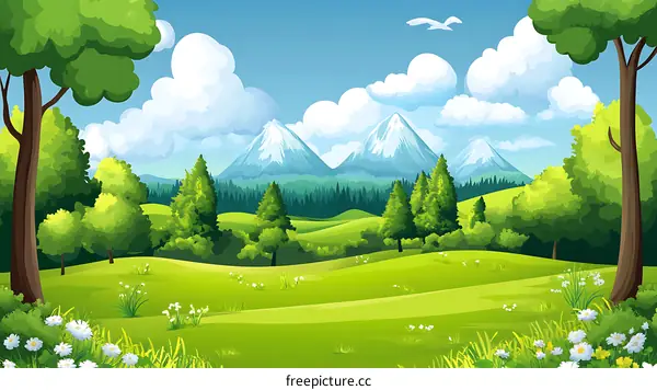 Beautiful Summer Landscape with Mountains and Green Trees