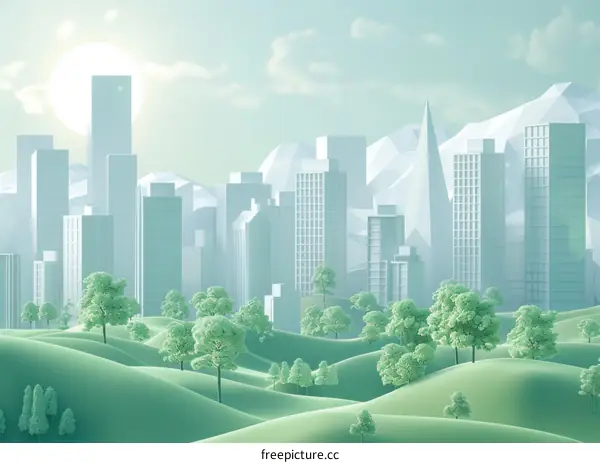 Futuristic Green City with Mountain Views